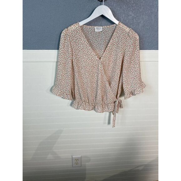 Sienna Sky Cream and Pink Floral Wrap 3/4 Sleeve Blouse Size Small - Picture 10 of 11
